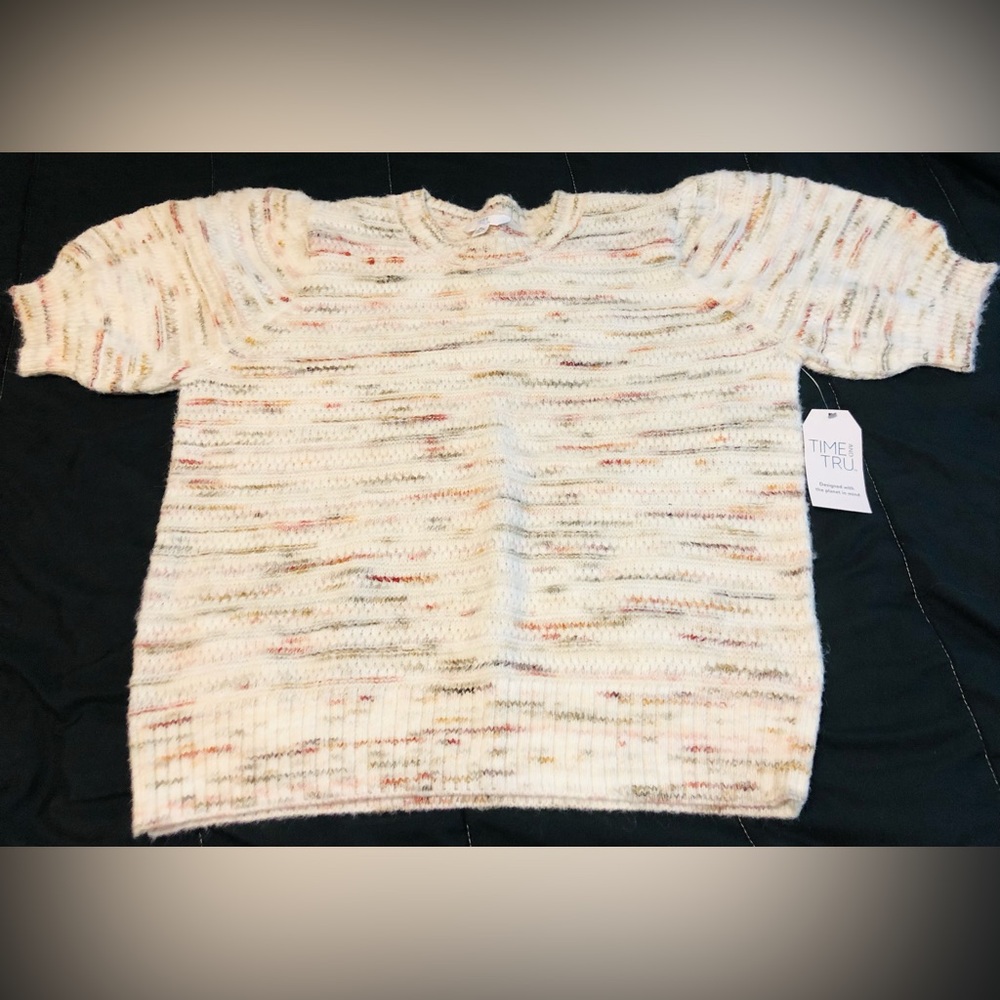 Time and Tru Cream Speckled Knit Puff Short-Sleeve Sweater Plus Size XL (16-18W)